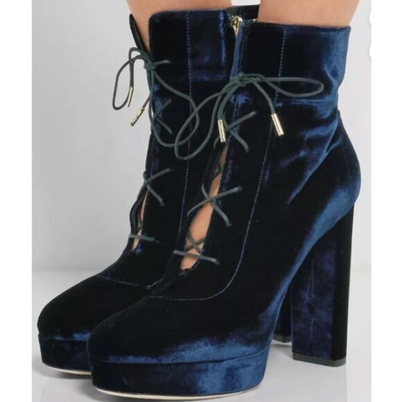 Jimmy Choo Deon Heeled Platform Ankle Boots Booties Heels Velvet Lace-Up sz 36 - Picture 4 of 15